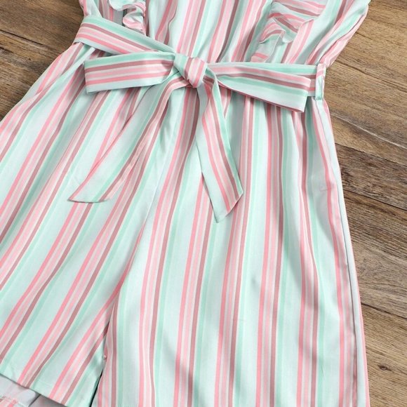 Women's Romper XL Baby Pink-Mint Green Stripes Ruffle Trim Romper w/ Belt 12-14 - Picture 4 of 7